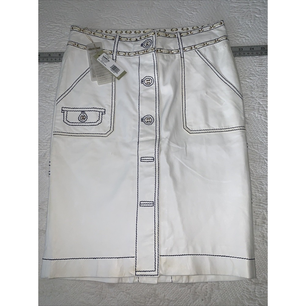 $2390 New ROBERTO CAVALLI Natural White Embroidered Leather Button Skirt 40 Read